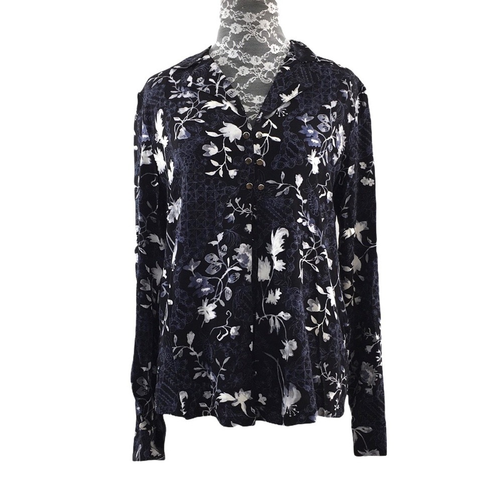 Nanette Lepore Edina Navy Floral‎ Button Front Top